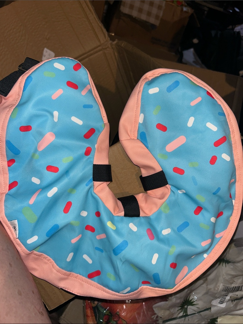 Dog size medium blow up cone collar- Blue Sprinkle Pattern with Peach Trim